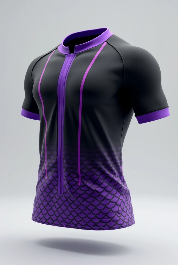 make a floating shirt, of athlete, in black and with purple scale designs printed on the hem. Also add purple stripes that go from the collar to the sleeves.. Make the collar and hems of the shirt and sleeves purple