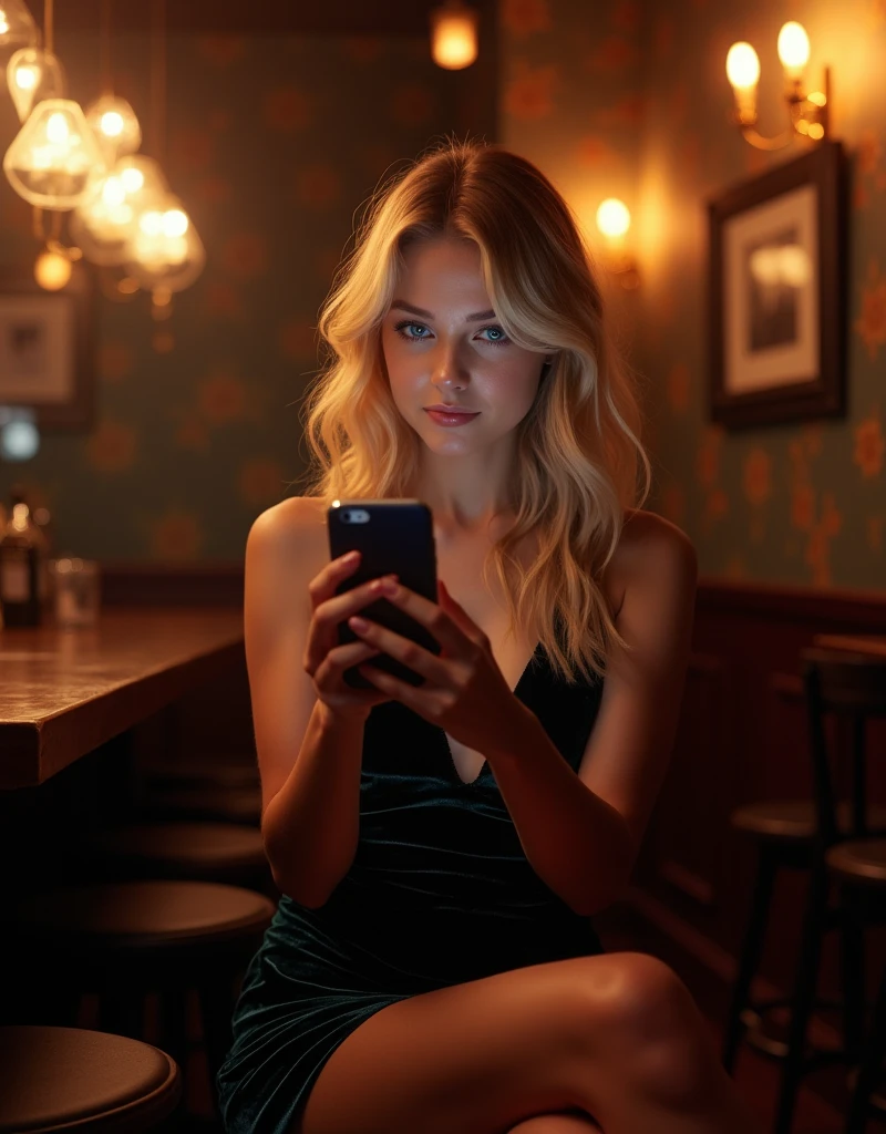 A young woman with light blonde wavy hair. The girl is sitting in a fancy jazz club, surrounded by an intimate and sophisticated atmosphere. She wears a velvet dress that elegantly accentuates her figure.. The lighting is warm and soft, with golden highlights that highlight her blonde hair. He is capturing a moment with his phone, with a mysterious smile as soft music fills the air. His blue eyes shine brightly, reflecting the stage lights