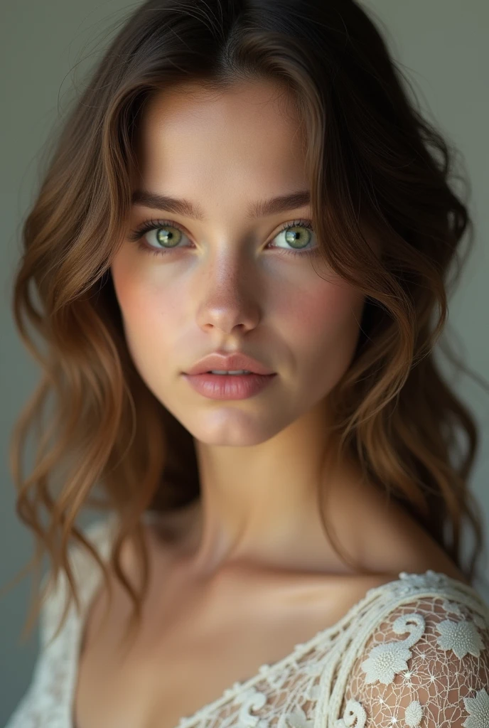 (photorealism:1.2), Dame una imagen de una joven slim, with brown hair and green eyes, slim, with luminous skin and wavy hair, with a premature beauty and an incredible innocence