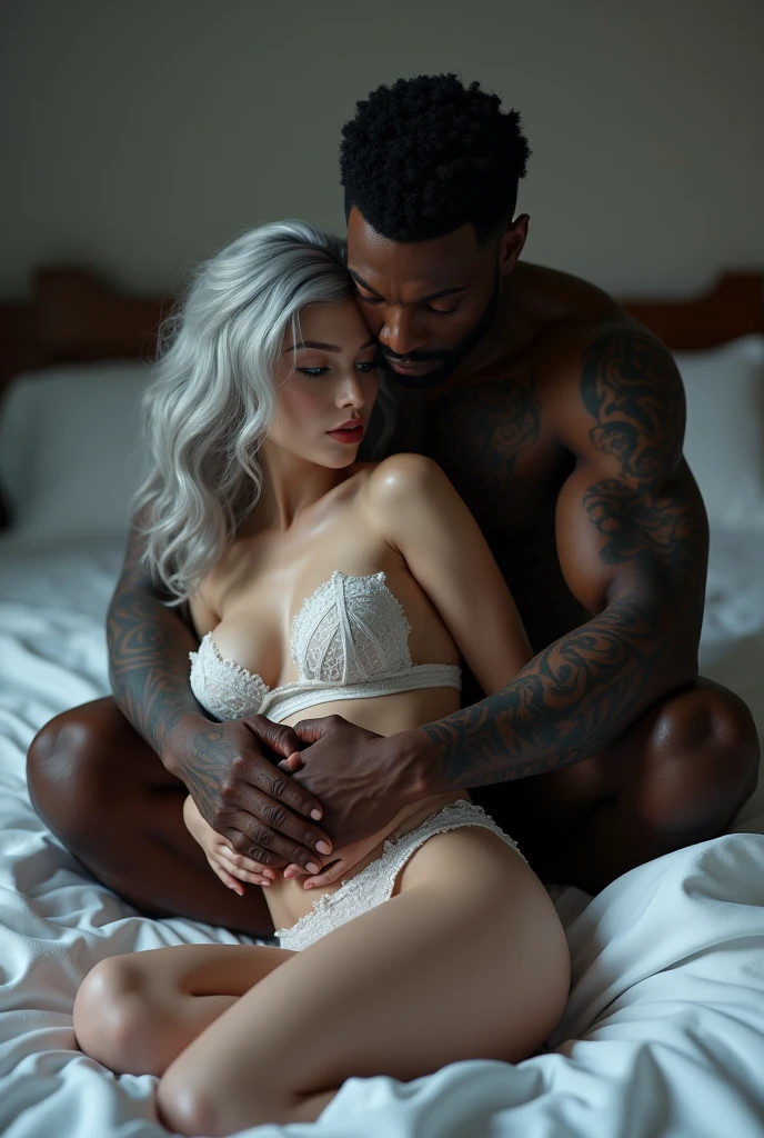 3D A black man with tattoos with black hair and piercing red eyes is tying  the a girl with silver hair and blue eyes and big boobs on a bed with white lingerie kissing her neck 
