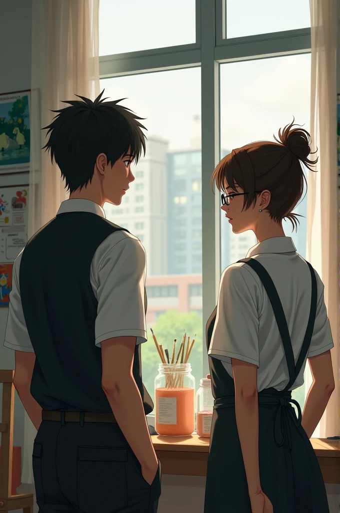A man wearing school uniform he is 20 handsome and look young he is looking at front of window of the art classroom when a woman was painting something and the woman wearing school uniform and have a apron on it she wearing a eye glasses and her hair ponytail and a little bit messy she look plain but attractive