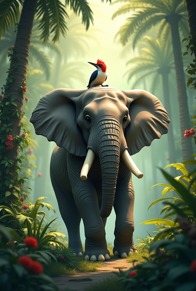 Create image prompt "In a lush jungle, lived two unlikely friends—a mighty elephant and a small woodpecker. Despite their differences, they shared a deep bond."