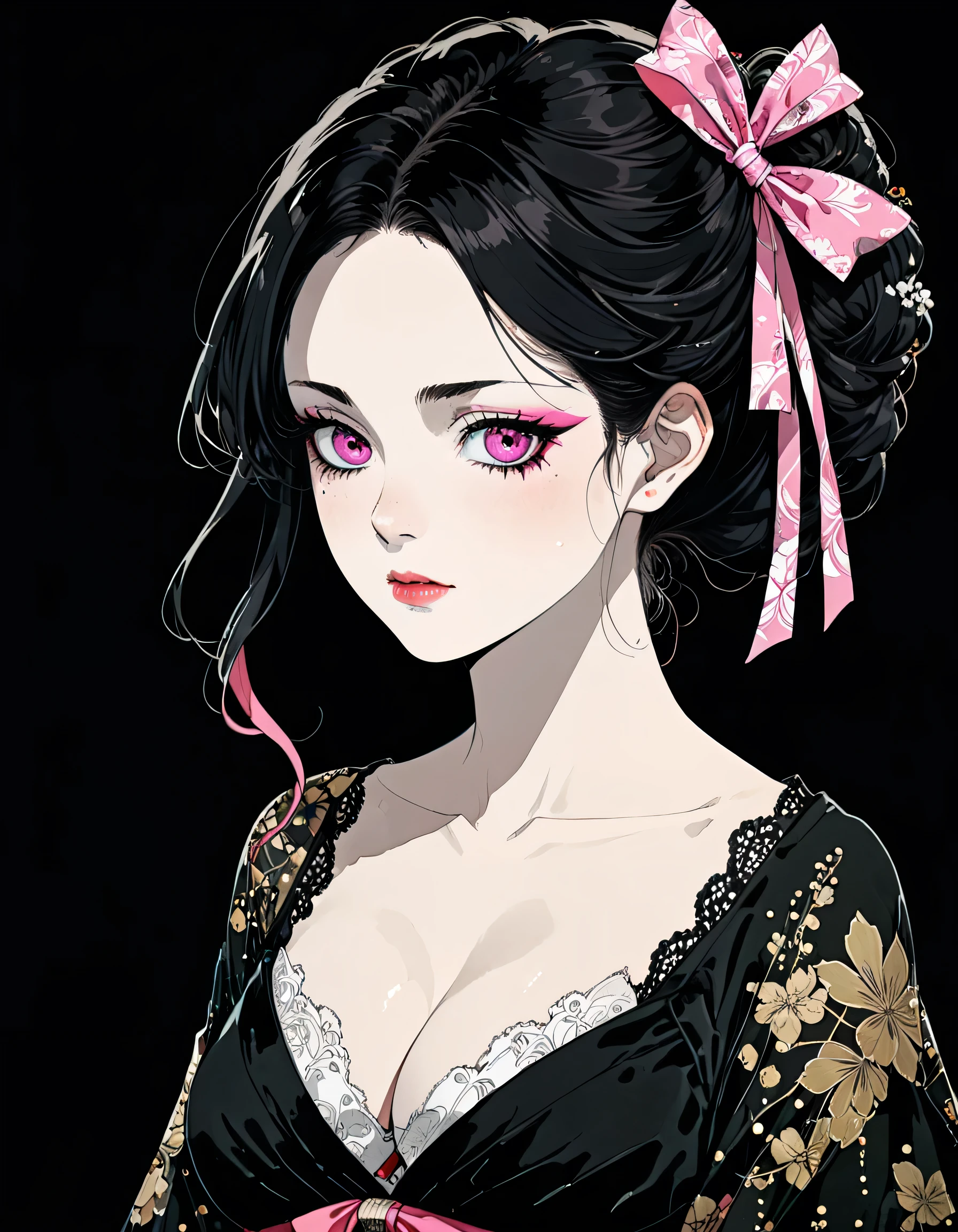 in style of Harry Clarke, drawing by Conrad Roset, close up, (darkness:1.2),(very detailed shadows:1.2),absolute shadows,absolute darkness, kamado nezuko, black hair, pink eyes, pink hair ribbon, two-tone hair, , big brea