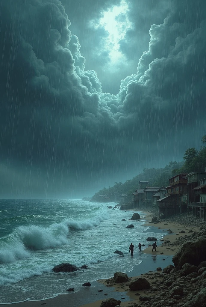 The storm unleashes its fury on the coastal town .Wind and rain fall hard.