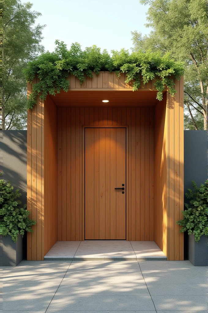 Barrier-free self-cleaning public toilet, genderneutral, with a door, Wooden walls with green roof