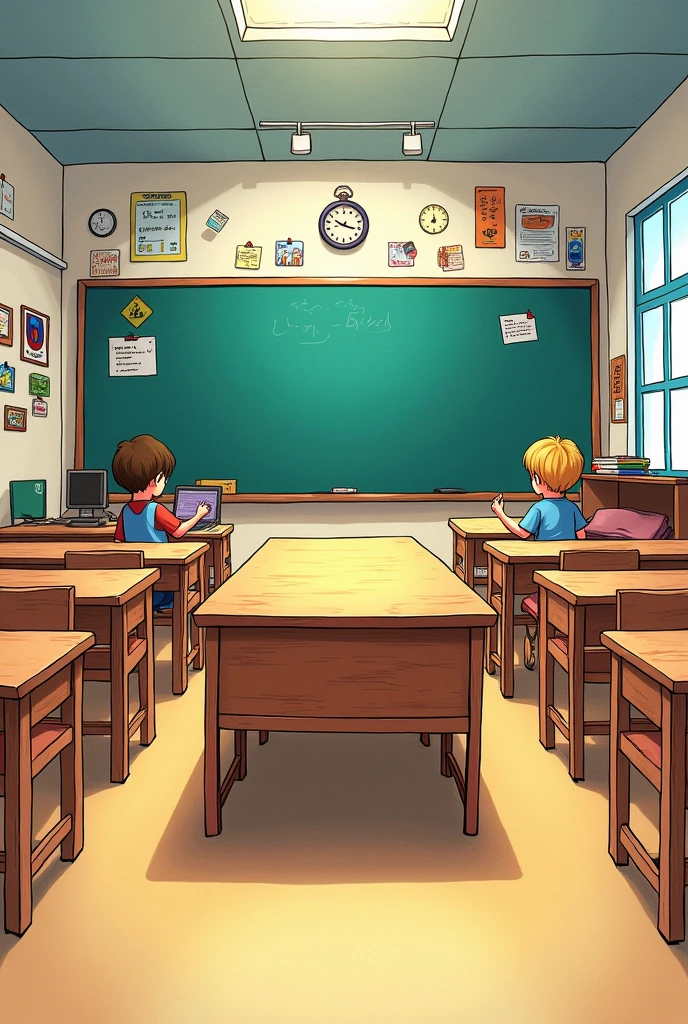 a colorful drawing of a large classroom with a desk in the center and in the background, the student benches on both sides, a blackboard on the wall with large windows, Primary school teaching materials on the walls