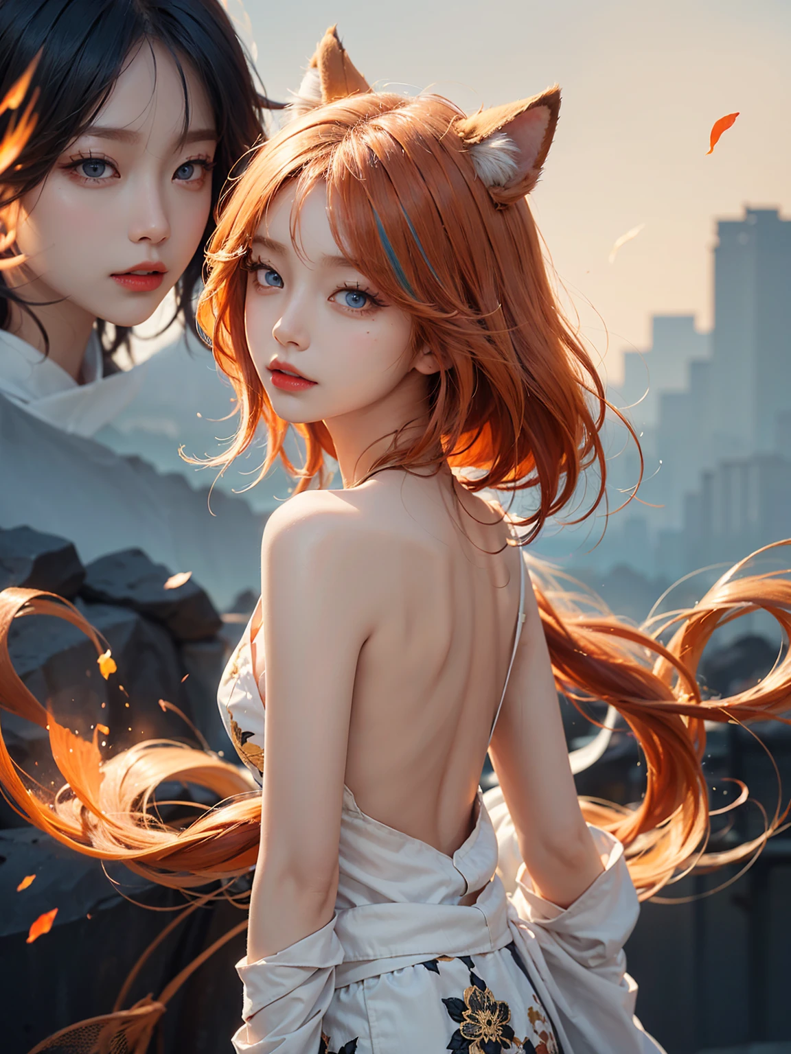 (A Divine Beast), Nine-Tailed Demon Fox, foxes ear, animal ears, animal tails, Dynamic Body Type, (Chinese Monster), beautiful, Splashed Ink, Chinese, 1girl, ((2.5D)), Floating Hair, Beautiful Eyes, Delicate Eyes, Delicate Silhouette, bare neck, bare nape, perfect neck, dynamic pose, spread arms, open arms, casual posing, perfect body, perfect anatomy, detailed iris, sparkle eyes, star in eyes, enchanting blue eyes, red lips, sharp eyelashes, (multicolored eyes), (orange hair:1.3), (extremely long hair:1.3), (hair between eyes), (hair over one eye:1.3), (floating hair:1.3), hair pin, hair ornaments, hair garments, detailed collarbone, perfect collarbone, perfect breasts, round breasts, Fantasy Art, (white and golden Antique Brocade kimono), FOV, (Masterpiece), back view, Side Portrait, from back, bare back, perfect shoulder blades, White Background, (Movie Poster), Sharp, Splash, Cloud, Petals, Empty, Sky, (Wide Angle Lens), Vista
