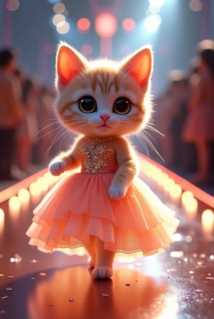 (photorealism:1.2), cute cat wearing glowing ballgown walking on the runway