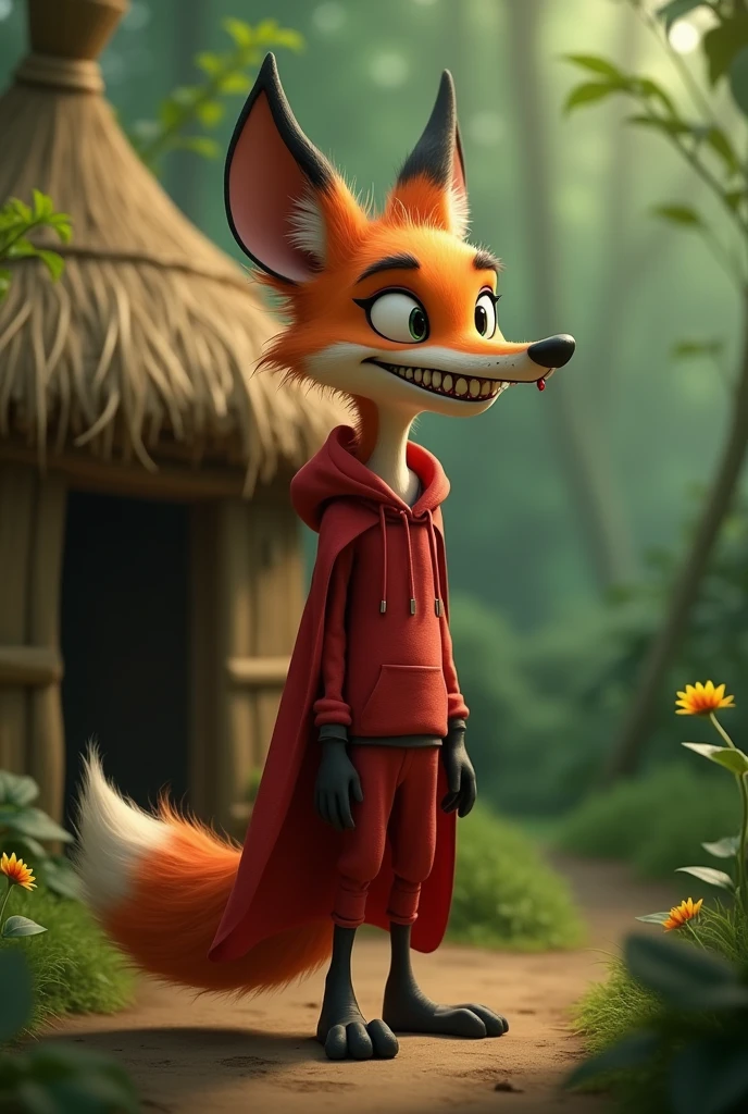 (Sideview 3D illustration of a fox:1.2), showing a male fox with a (naughty grinning expression:1.5), (a little scary expression), wearing a red cape and a red hoodie, standing on its two feet like a cartoon character. The fox has a (lean build) with a (disproportionate body: long nose and mouth). It is (smiling notoriously with saliva dripping). The fox's realistic fur texture is highly detailed, enhancing its devilish look as it stands before a straw house in a dense (jungle background:1.4), with a smile that displays it is plotting something sly and cunning. Sunlight filters through the trees, creating (soft lighting:1.3), and casting (soft shadows) that add to the (green and earthy color scheme:1.3). The image is rendered with (ultra quality:1.3), HDR, and depth of field for a photorealistic effect. The scene captures the fox's mischievous intent in a way that is both (highly detailed) and (masterpiece-level digital art), (influenced by the style of Greg Rutkowski:0.9) and (Alphonse Mucha). The artwork is designed to be trending on ArtStation and is rendered in (8K resolution), with a blend of (animation:1.2) and (photorealistic:1.3) styles, making it appear like award-winning art.