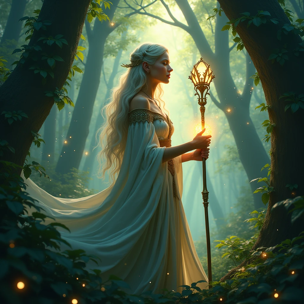 Allena the elven high priestess of the The elf moon summons the power of the stars to link the earth and sky. Allena is standing amidst a magical forest, with sparkling fairy lights illuminating the surroundings. The vibrant green leaves of the towering trees create a mesmerizing backdrop. Moonlight filters through the branches, casting ethereal rays of silver light on the elf's radiant face. She holds a magical staff in her hand, which emits a soft glowing energy, revealing her strong connection with the stars. The atmosphere is filled with a sense of serenity and tranquility. The colors in the scene are vibrant and saturated, with a touch of mystical hues, enhancing the magical ambiance. The lighting is soft and gentle, with a warm golden glow, creating a dreamlike and otherworldly atmosphere. The image quality is of the highest standard, with ultra-detailed rendering capturing every intricate detail of the elf's features and the surrounding environment. The overall style of the image is fantasy art, with a blend of realism and a touch of surrealism, capturing the essence of the mystical and enchanting world of elves.