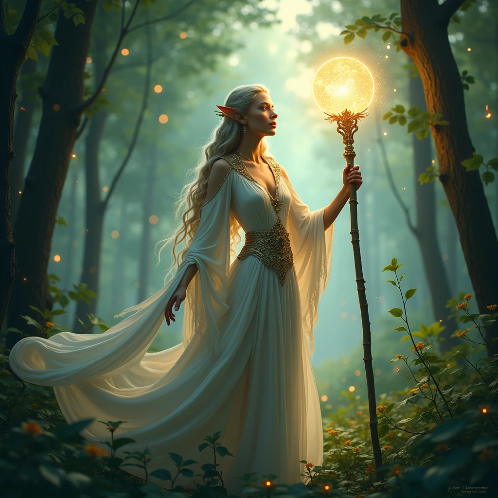 Allena the elven high priestess of the The elf moon summons the power of the stars to link the earth and sky. Allena is standing amidst a magical forest, with sparkling fairy lights illuminating the surroundings. The vibrant green leaves of the towering trees create a mesmerizing backdrop. Moonlight filters through the branches, casting ethereal rays of silver light on the elf's radiant face. She holds a magical staff in her hand, which emits a soft glowing energy, revealing her strong connection with the stars. The atmosphere is filled with a sense of serenity and tranquility. The colors in the scene are vibrant and saturated, with a touch of mystical hues, enhancing the magical ambiance. The lighting is soft and gentle, with a warm golden glow, creating a dreamlike and otherworldly atmosphere. The image quality is of the highest standard, with ultra-detailed rendering capturing every intricate detail of the elf's features and the surrounding environment. The overall style of the image is fantasy art, with a blend of realism and a touch of surrealism, capturing the essence of the mystical and enchanting world of elves.