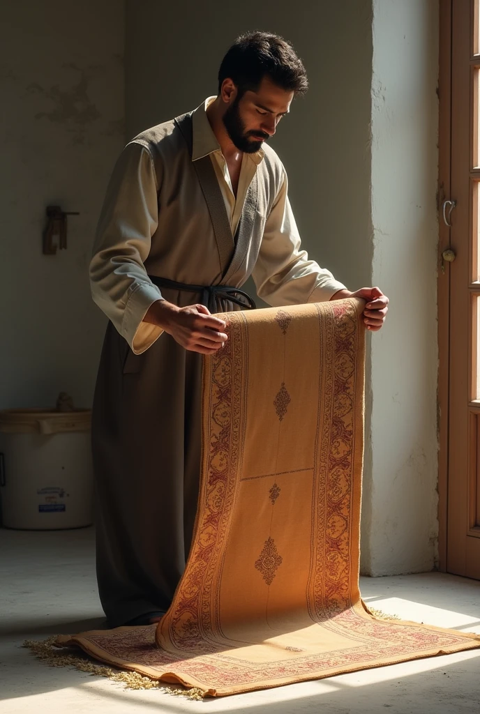 A man is standing and laying a carpet on the ground and half of the carpet is laid, half of it is in his hand, let it be a small carpet and the man&#39;s face can be seen. Prayer standing
