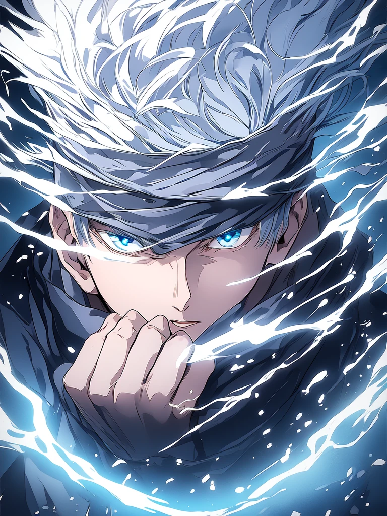 gojou satoru, 1boy, male focus, solo,  full body, blue eyes, blindfold, white hair, night, one eye covered, parted lips, high collar, looking at viewer, 
 