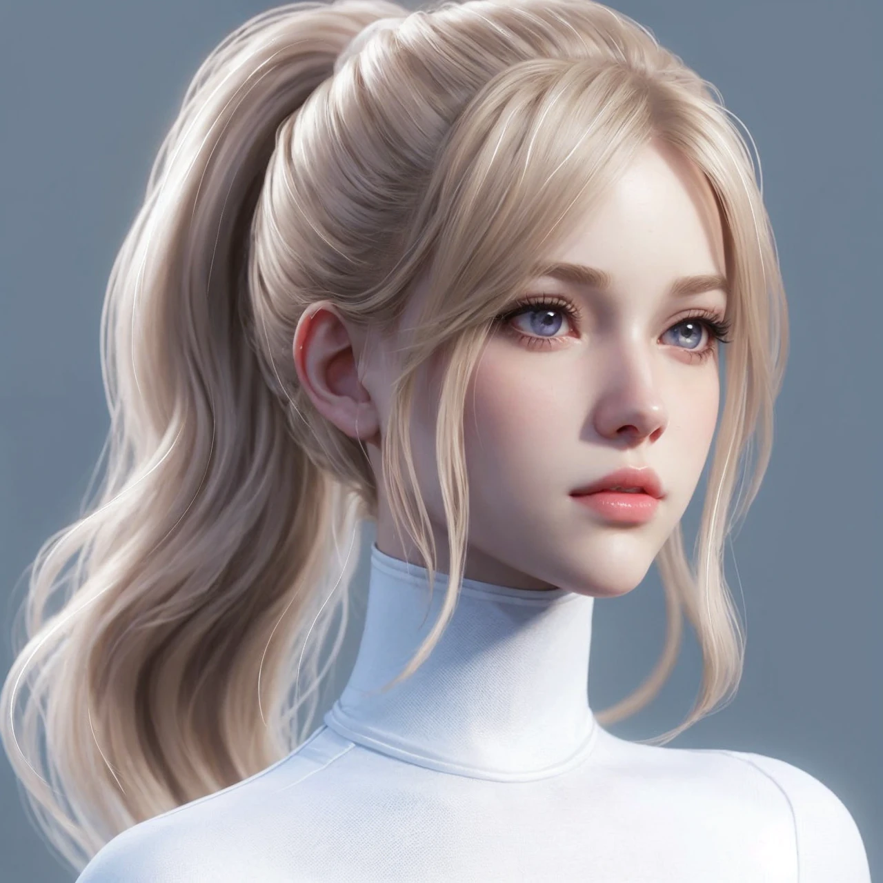 Blonde girl with slanted eyes, small face, pale skin, unreal appearance, realistic video game, Small front, splattered nose, heart shaped lips, with a ponytail of hair