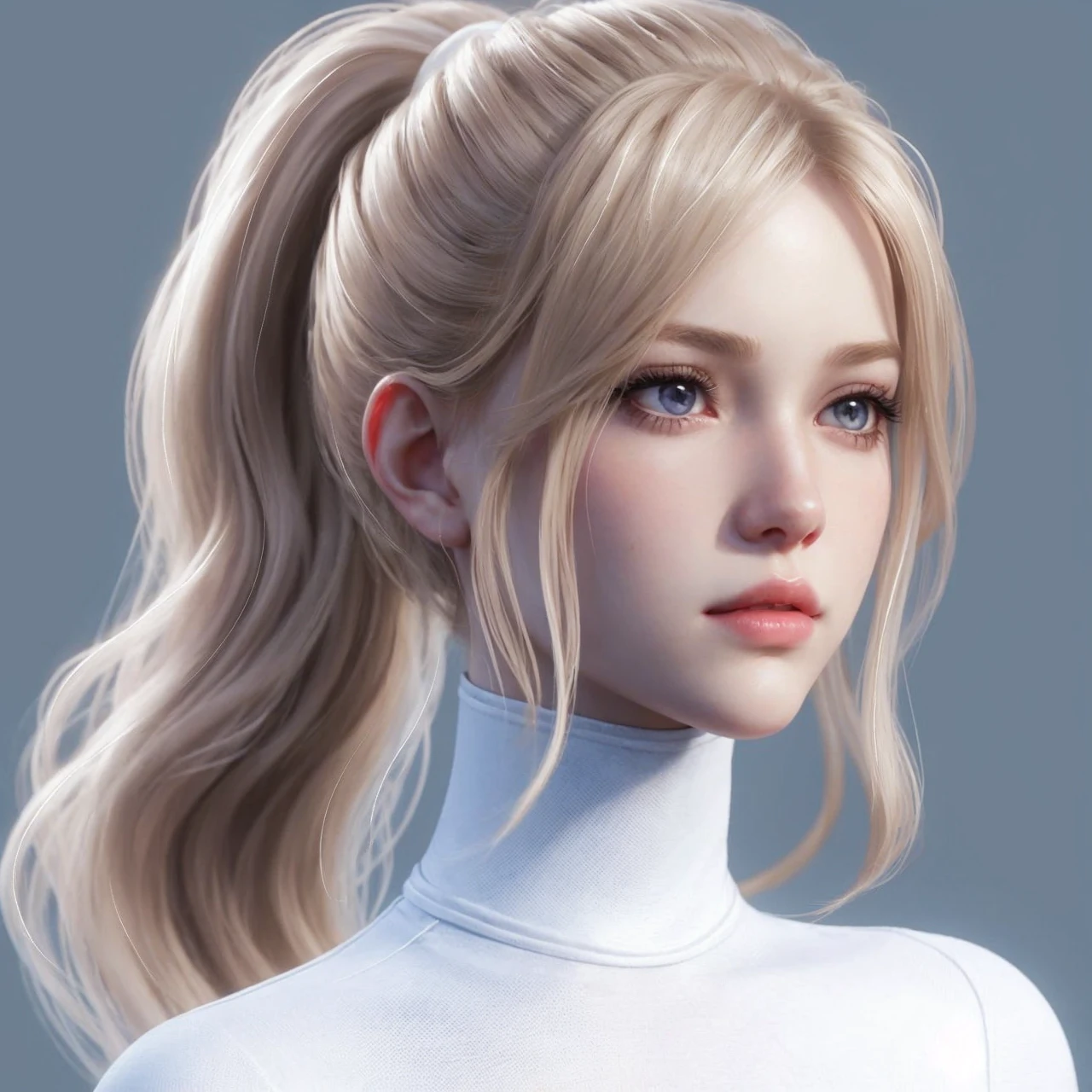 Blonde girl with slanted eyes, small face, pale skin, unreal appearance, realistic video game, Small front, splattered nose, heart shaped lips, with a ponytail of hair
