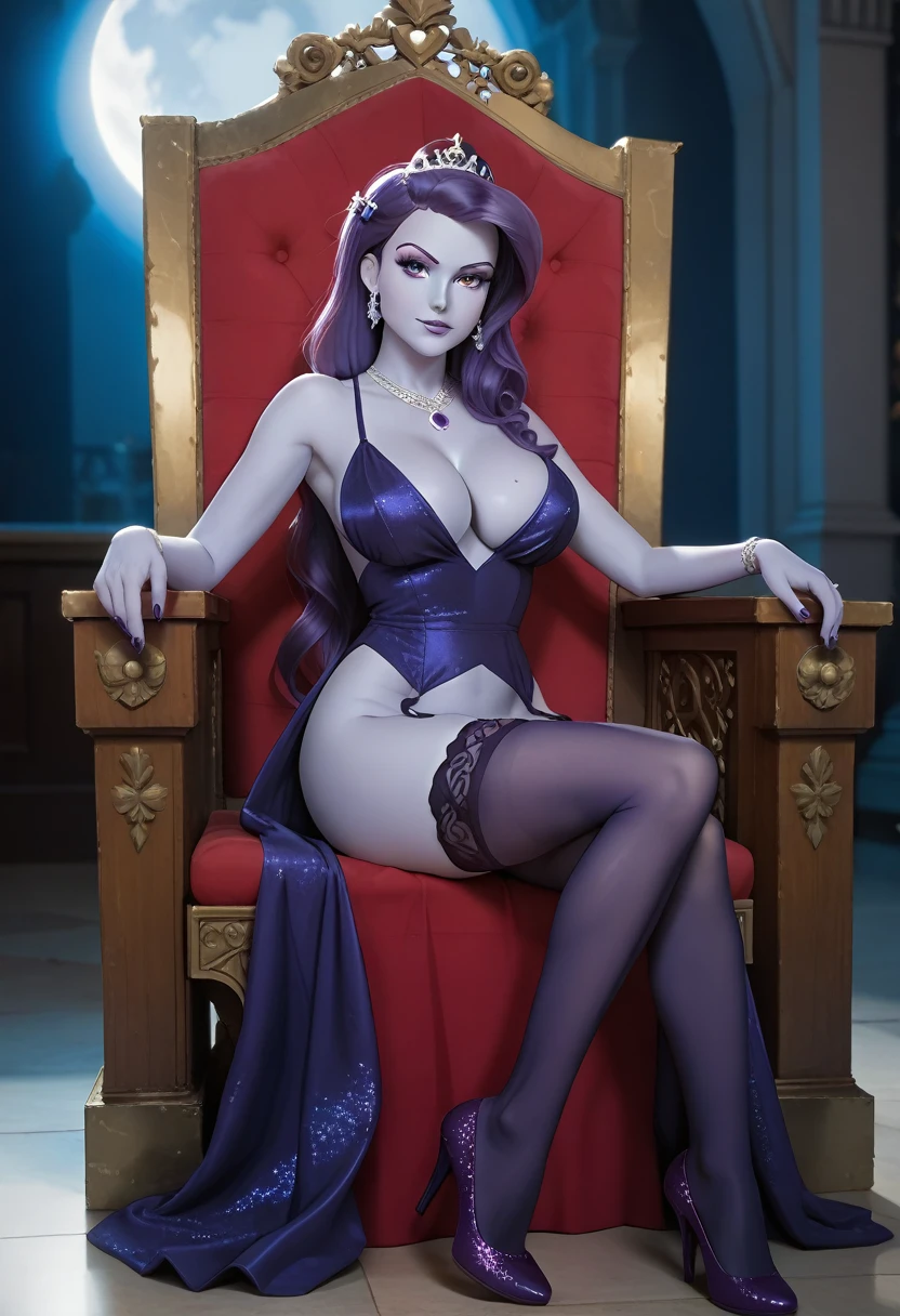 Moon from the movie "Mlp equestria girls",Purple hair, by the wide, seductive look, ELEGANT DRESS, , big breasts, purple thigh-high stockings, garter belt in each stocking, looking at the viewer, dark blue skin, In a castle, sitting on a throne .