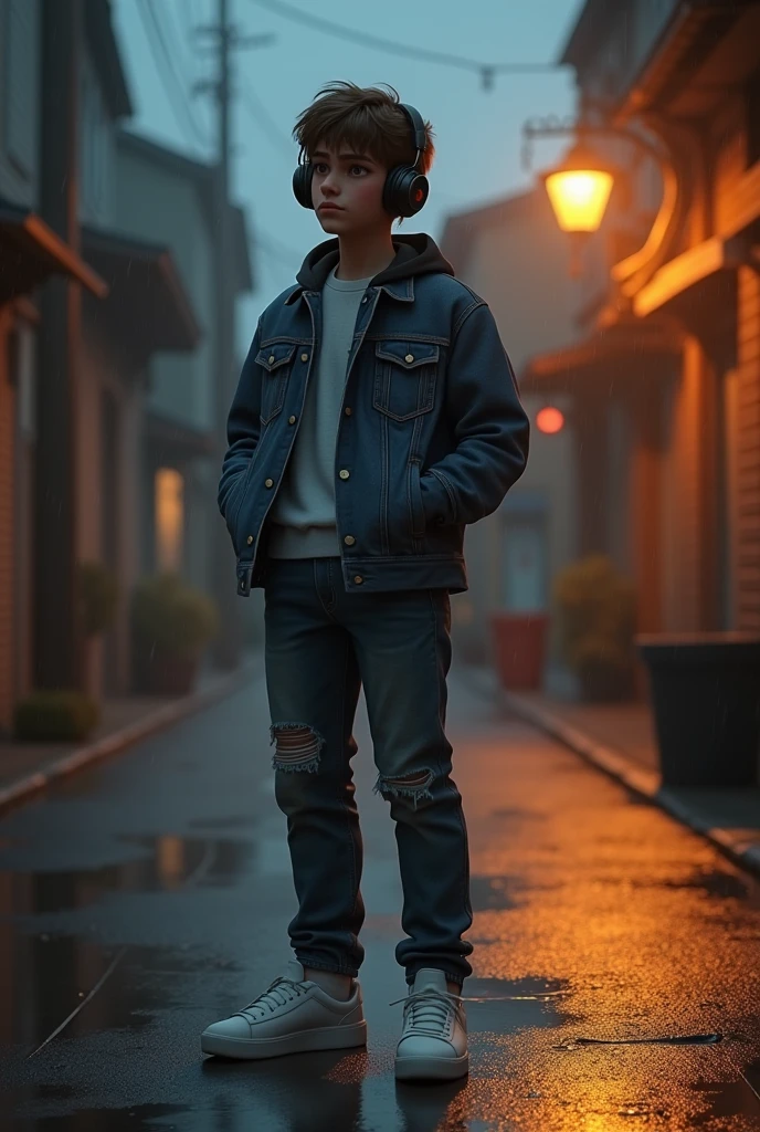 Create a 3d realistic image a 20 years old boy who is stand in road sadly and listening music in headphone
Boy should wear denim jacket jeans white sneakers and footpath light is on and rain