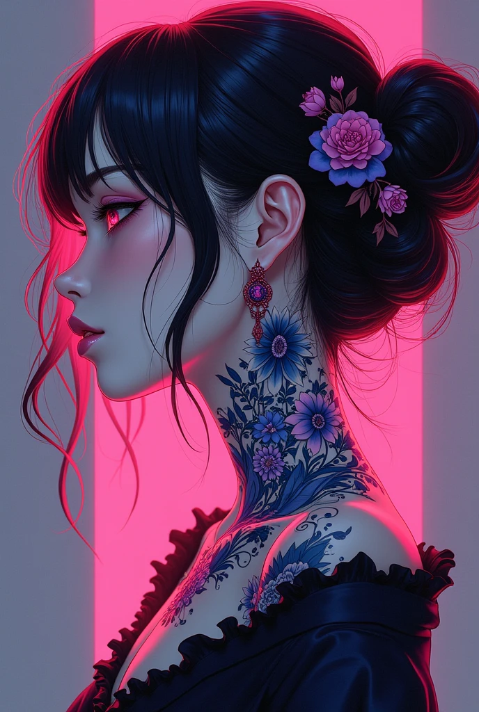 A stunning anime girl with an intricate floral tattoo on her neck, exuding elegance and beauty.,in the style of neon realism, dark pink and light black, gothic art nouveau, anime-inspired character designs, dark white and indigo, bold yet graceful, cyberpunk manga, detailed costumes