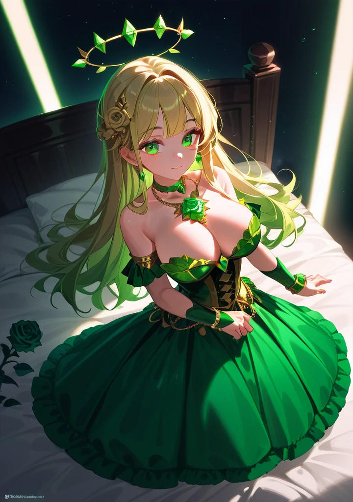 (close up) (full body pose) (standing) (adult woman:1.2) (topless:1.1) (elaborate beautiful dress:1.2) (emerald green chains on wrists) (from above) (emerald green halo) emerald rose choker, night, dark cozy bedroom, mood lighting, on bed, Absurd, Perfect Anatomy, performance, Good lighting, Shadows in the movies, very large breasts, large butt, thin waist, Long HAIR, (blonde hair), (loving look:1.4), original HAIR style, Dynamic Angle, (detailed face:1.3) (dynamic lighting:1.5), (emerald green eyes) (emerald green leaf bracers on arms) (emerald green leaf hair piece) (elaborate emerald necklace) (green roses on bed:1.3) (green roses in hair) (stunning beautiful green eyes)