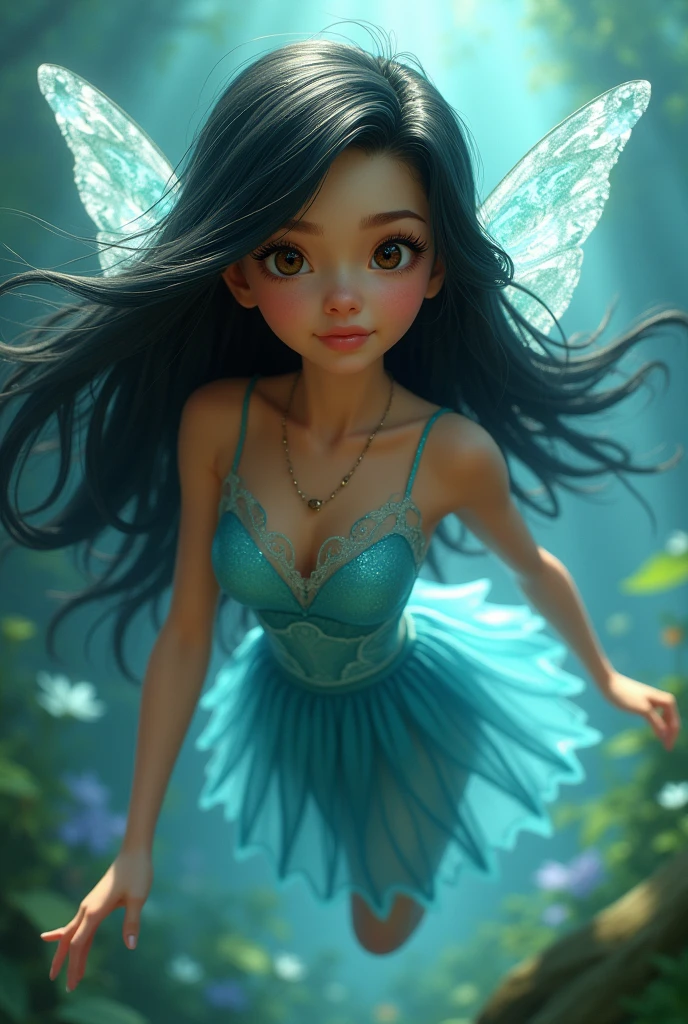 pixar image, a teenage water fairy, long dark hair, dark shaped eyes, Tinkerbell's friend, mid blue dress