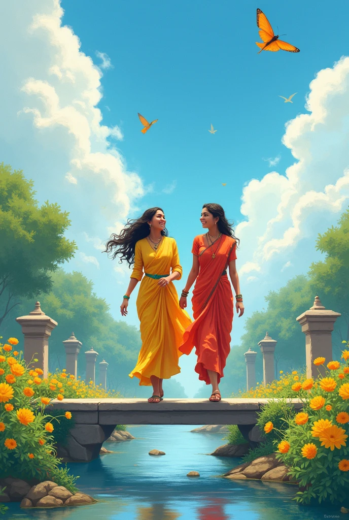 A beautiful day ,blue sky, yellow flowers , two beutiful indian girls happly going to office, over rever bridge ,birds and Butter ,