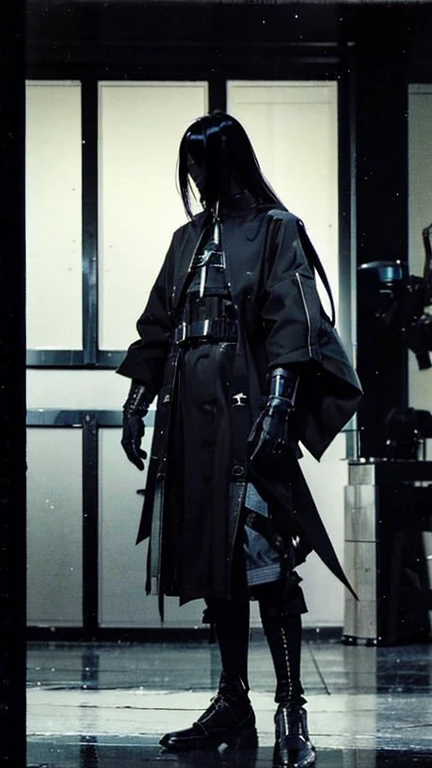 Black Hair、Cold look:1.5、Japanese woman in her 30s、Dark Background、One Cool Lady:1.5、night、whole photo、Dark Eyes、Black gloves、Ominous Machine Lifeform、Nihil、Half of his body is made of machinery、Mechanical Man:1.5、Modern clothing: