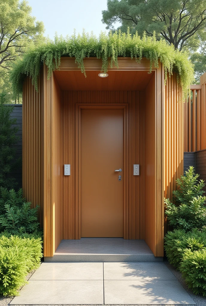 Barrier-free self-cleaning public toilet, genderneutral, with a door, Wooden walls with green roof