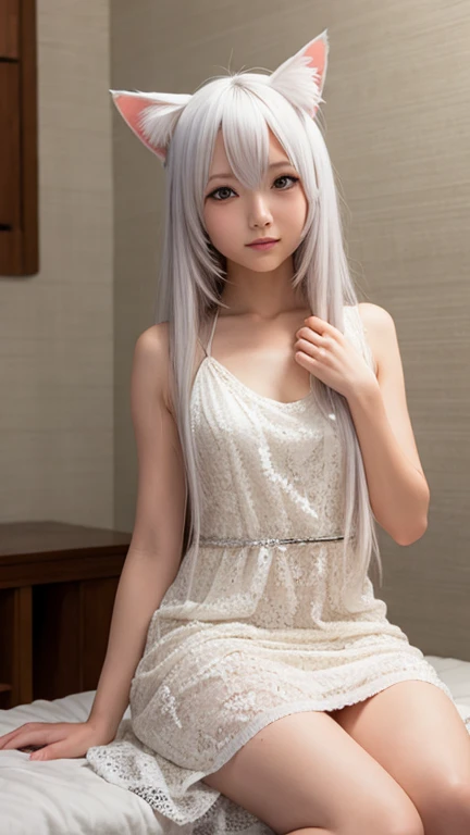 Long-haired anime girl sitting on the bed, Cat ears, from the girl, Cute anime waifu wearing nice clothes, seductive anime girl, White-haired god, Exquisite details. in a dress, anime 4k