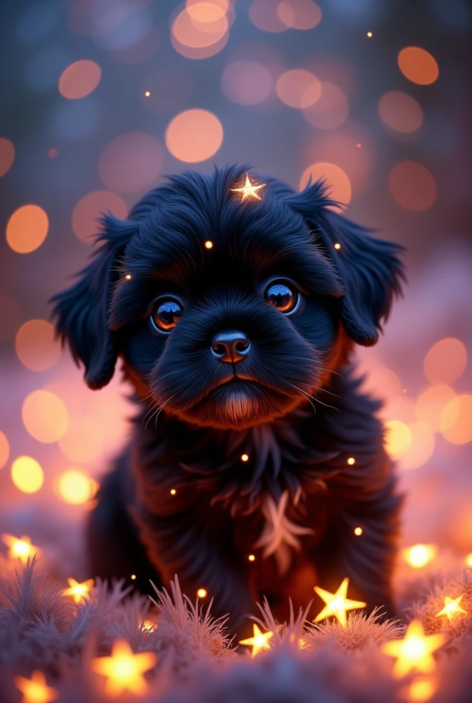 Star black shih tzu puppy, bright lights, sparkling