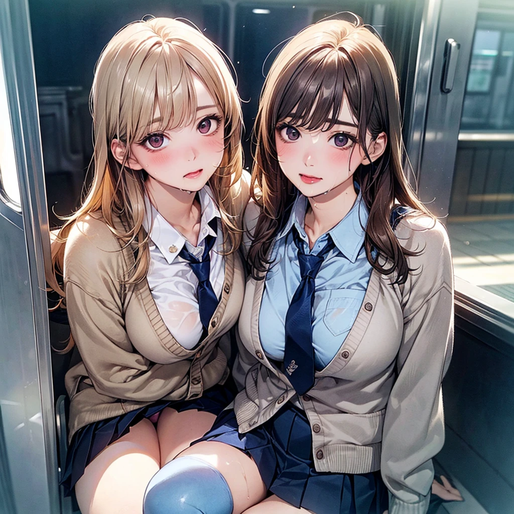 in the train,  Embarrassed look, Looking at the camera, (Highest qualityの目), Detailed Texture, look at me, transformation,Connected saliva,(masterpiece:1.2, Highest quality), (Realistic, photoRealistic:1.4), Beautiful illustrations, (Natural Side Lighting, Cinema Lighting), Browsing Caution,, Love each other,  2 people, Japanese, high school girl, Perfect Face, Cute and symmetrical face, Glowing Skin, slimy skin,Wet Hair,
(Long Hair:1.8, Straight hair:1.7, Light blonde), Asymmetrical bangs,, (Large Breasts:1.1, Thick thighs), 
Beautiful Hair, Beautiful Face, Beautiful attention to detail, Beautiful clavicle, Beautiful body, Beautiful breasts, Beautiful thighs, Beautiful feet, Beautiful fingers, 
((Light blue collared shirt, Navy pleated mini skirt, Knee socks, Navy untied tie, Light brown cardigan)), Wet clothes、Pink Panties,  (Ahegao, Upward glance), Erect nipples,bottomless