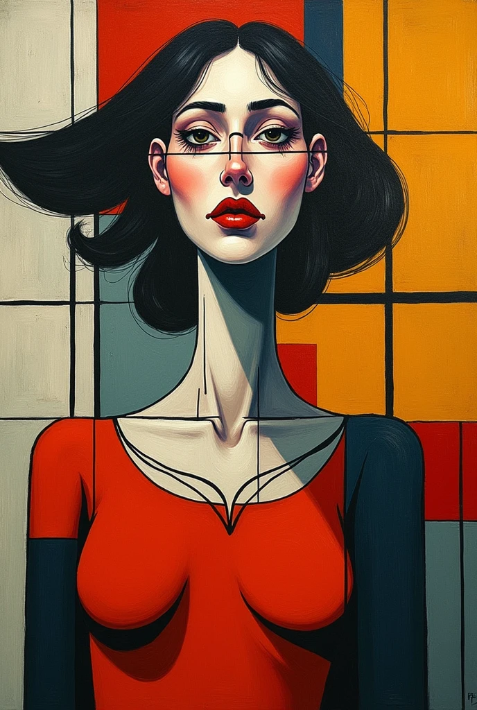 a surrealist illustration of a woman shape, painted by Pablo Picasso, thick lines crossing the face and body, cutting the image in irregular areas, Mondrian background, the crossing lines exactly match the Mondrian background lines