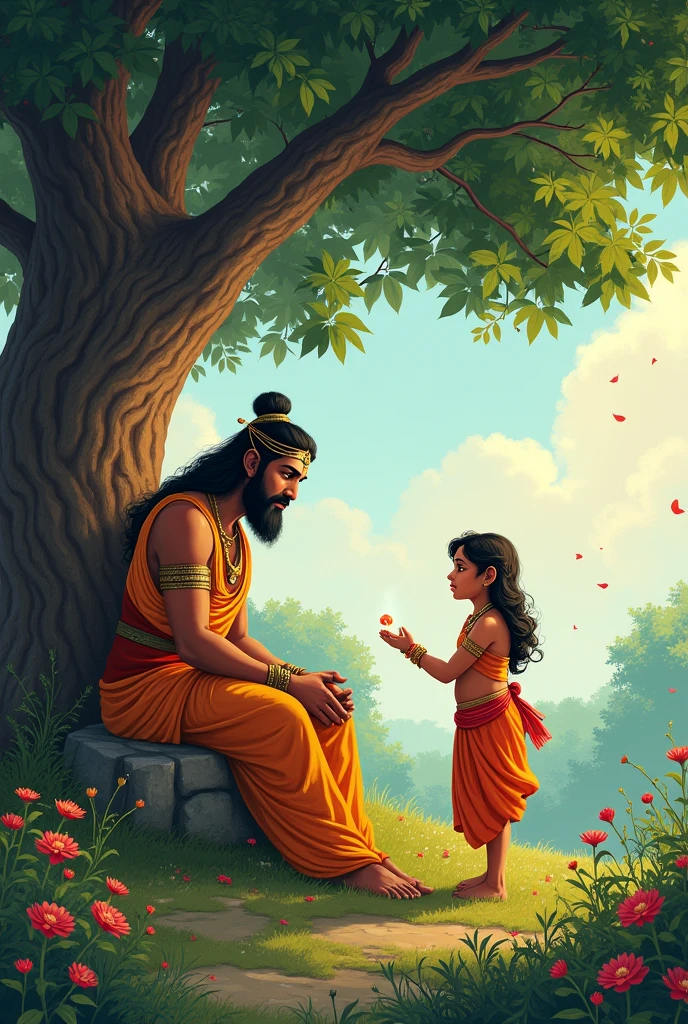 "Illustrate the moment when Hanuman finds Sita in Ashoka Vatika. The scene is set in a lush garden with flowering trees and a serene atmosphere. Sita is seated under a large tree, looking sad but with a sense of hope. Hanuman, in a small form, is seen approaching her respectfully, holding Rama’s ring to reassure her."