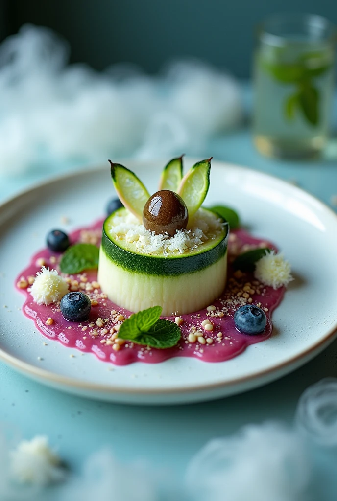 Prohibited: Zucchini and hake rose, accompanied by fake coconut caviar, blueberry foam, and mint sauce.








