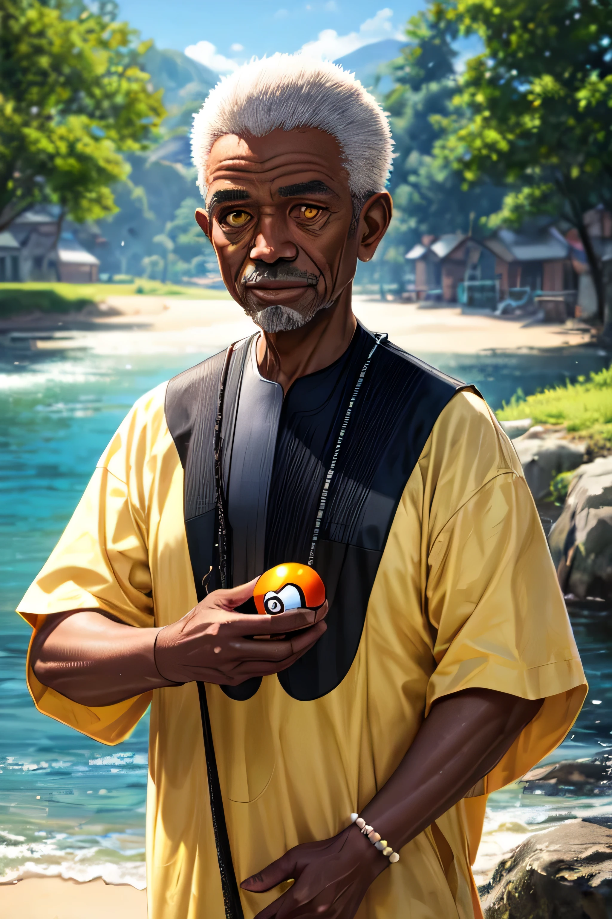 ((best quality)), ((masterpiece)), (detailed), ((black skin)), ((nigerian)), ((old man)), ((grey hair)), ((bald)) ((stern)), yellow eyes, pokeball, cowboy shot, short hair, pearls in hair, fisherman, village background