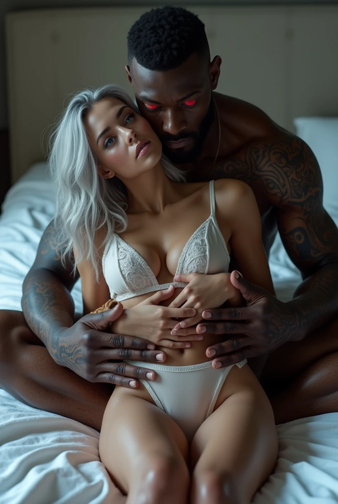 3D A black man with tattoos with black hair and piercing red eyes is tying  the a girl with silver hair and blue eyes and big boobs on a bed with white lingerie kissing her neck 
