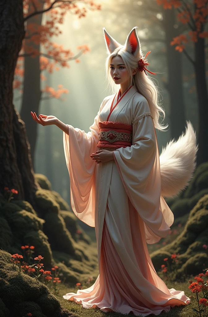 Masterpiece, Extremely detailed, best quality, photorealistic, magnificent, celestial, ethereal, epic, majestic, magical, fantasy art, cover art, dreamy, full body shot, BREAK, The Fox Godess, Beautiful, Clouds, Fox Tail, Traditional Japanese clothes, Forest,( bokeh )