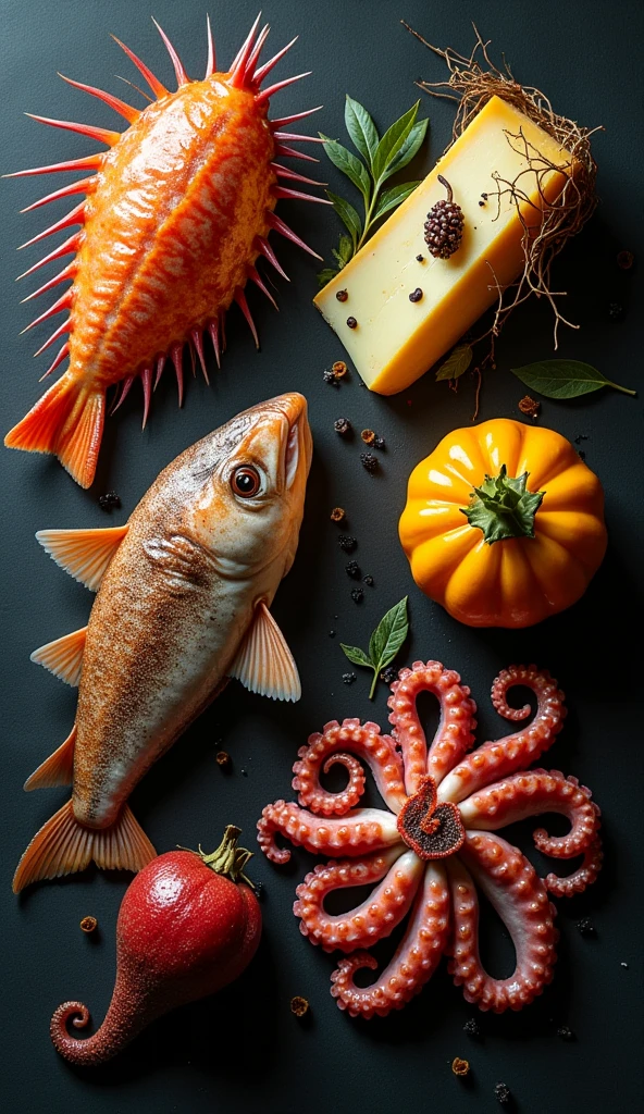 Create an image featuring five dangerous foods from around the world. The foods should be displayed in a visually striking manner on a dark background, each labeled with their name and country of origin. The foods include: Fugu (Japanese pufferfish), Casu Marzu (rotten cheese with live larvae) from Italy, Hakarl (fermented shark) from Iceland, Ackee fruit from Jamaica, and Sannakji (live octopus)from South Korea. Each food item should be depicted with realistic detail, emphasizing their unique and potentially dangerous characteristics. For example, the pufferfish should look sharp and vibrant, the Casu Marzu should have visible larvae, and the live octopus should have wriggling tentacles."