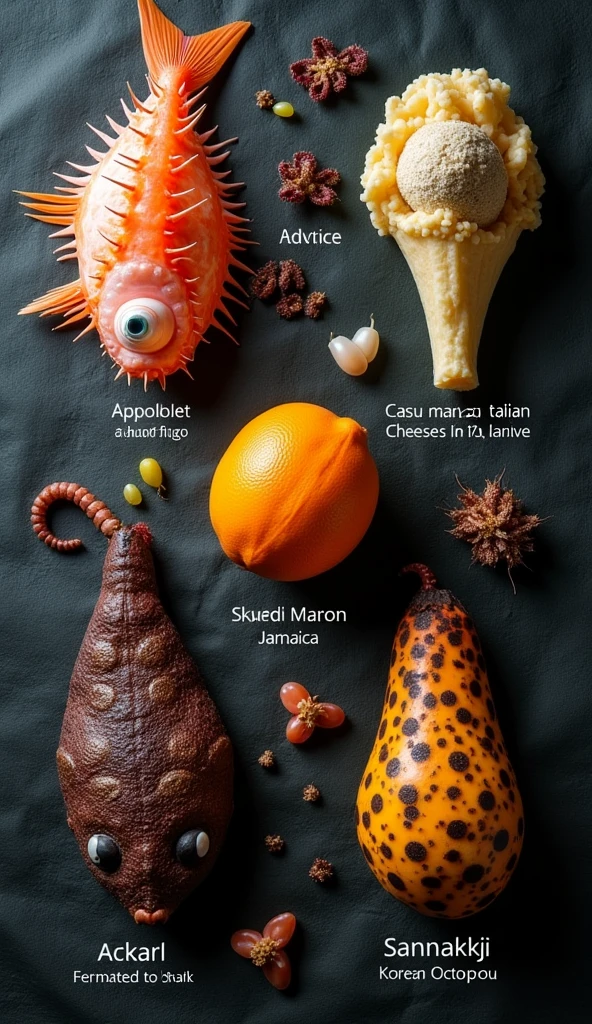 Create an image featuring five dangerous foods from around the world. The foods should be displayed in a visually striking manner on a dark background, each labeled with their name and country of origin. The foods include: Fugu (Japanese pufferfish), Casu Marzu (rotten cheese with live larvae) from Italy, Hakarl (fermented shark) from Iceland, Ackee fruit from Jamaica, and Sannakji (live octopus)from South Korea. Each food item should be depicted with realistic detail, emphasizing their unique and potentially dangerous characteristics. For example, the pufferfish should look sharp and vibrant, the Casu Marzu should have visible larvae, and the live octopus should have wriggling tentacles."