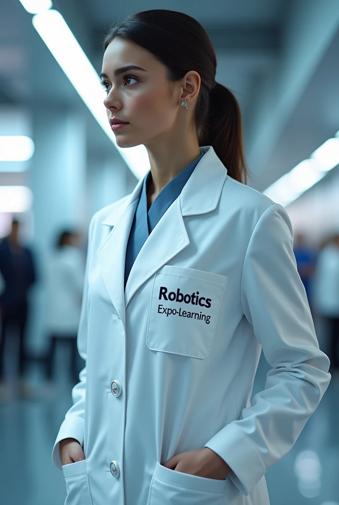 Create a white medical coat that says robotics and expo-learning 
