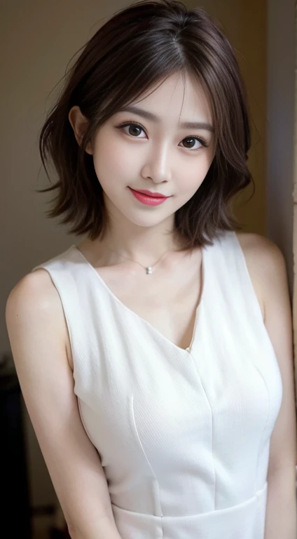 blush a little and smile, (Top quality masterpiece:1.2) Delicate illustrations, Very detailed, /Beautiful Japanese Women、1 person,Very cute and slim、Great style 、((8k images、super high quality))、Very delicate face, Skin and Hair、Big Breasts、beautifule forehead、Red lipstick、(((((short hair、Brown Hair、lure))))),Very cute Japanese cut face、Eyes and nose are clearly visible、Kind eyes,((((White sleeveless sexy dress))))