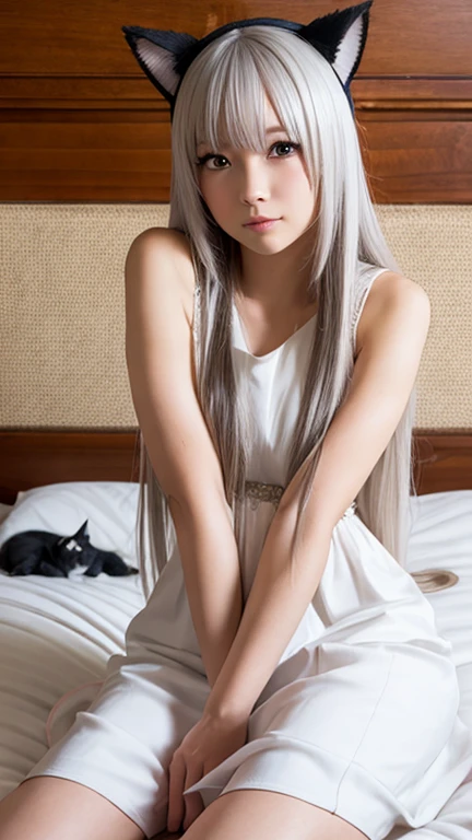 Long-haired anime girl sitting on the bed, Cat ears, from the girl, Cute anime waifu wearing nice clothes, seductive anime girl, White-haired god, Exquisite details. in a dress, anime 4k