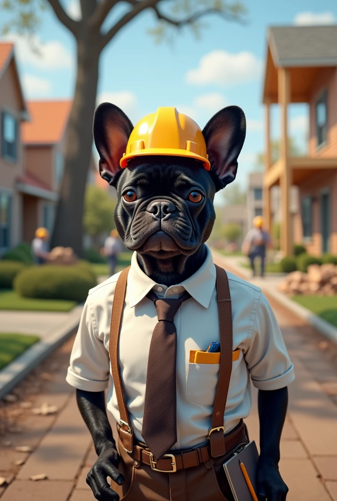 A female black brindle French bulldog dressed as an architect directing a construction site on a house in a neighborhood