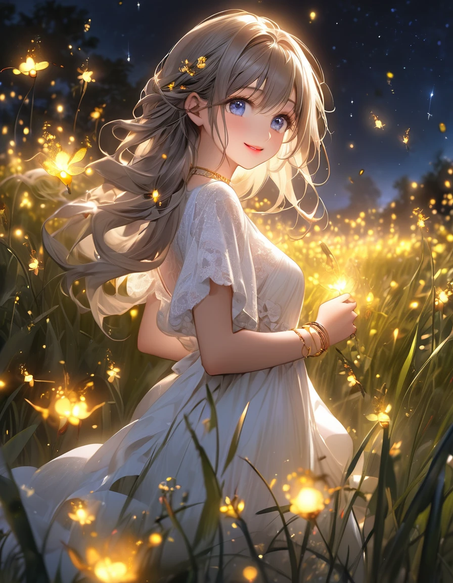 masterpiece:1.2,highest quality, highres, 16K, ultra-realistic:1.37, beautiful detailed, Beautiful girl, Standing in a beautiful posing, gently smile, flowing hair, Night Grassland, fireflies in hands, fireflies on hair, Many fireflies fly around:1.3, Fireflies dancing wildly:1.3, Countless fireflies:1.3, Trails of many fireflies:1.3, beautiful delicate(hair,face,eyes,pupils,white dress,anklet,knee,fireflies), sparkling eyes, shining lips, behind view,Glamorous Body,Nipple erection,Ultra low angle,