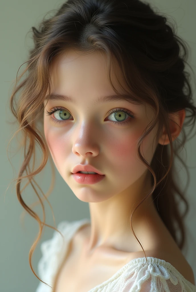 (photorealism:1.2), Dame una imagen de una joven adolente slim, with brown hair and green eyes, slim, with luminous skin and wavy hair, with a premature beauty and an incredible innocence 