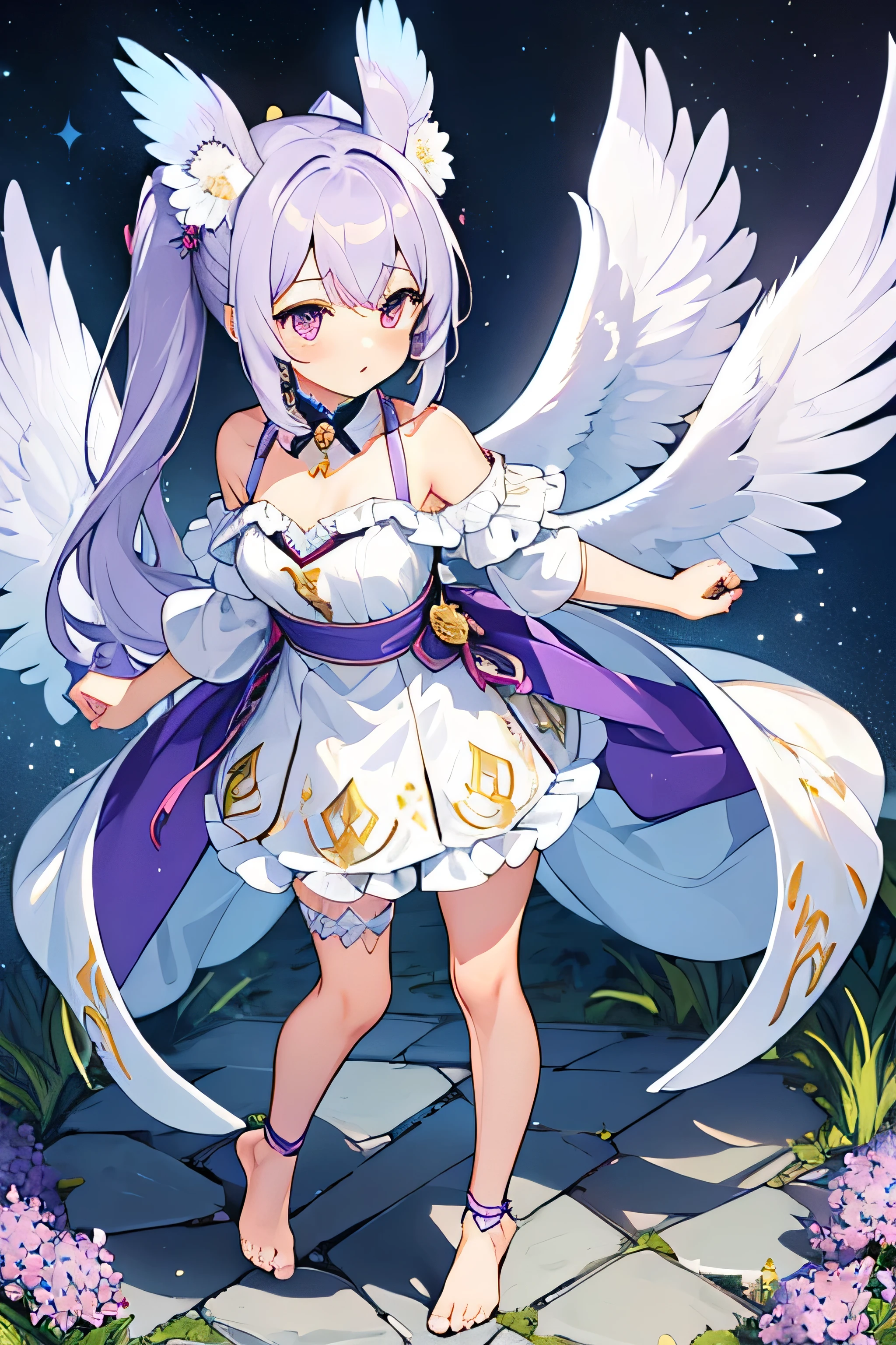 (masterpiece,best quality,ultra-detailed), an anime girl who is, calm angel. She has lavender long hair with straight bangs and high ponytails, periwinkle eyes, eurasian eagle-owl ears and wings, wearing magic girl regalia and ankle straps, barefoot, standing in a calm pose, looking at viewer