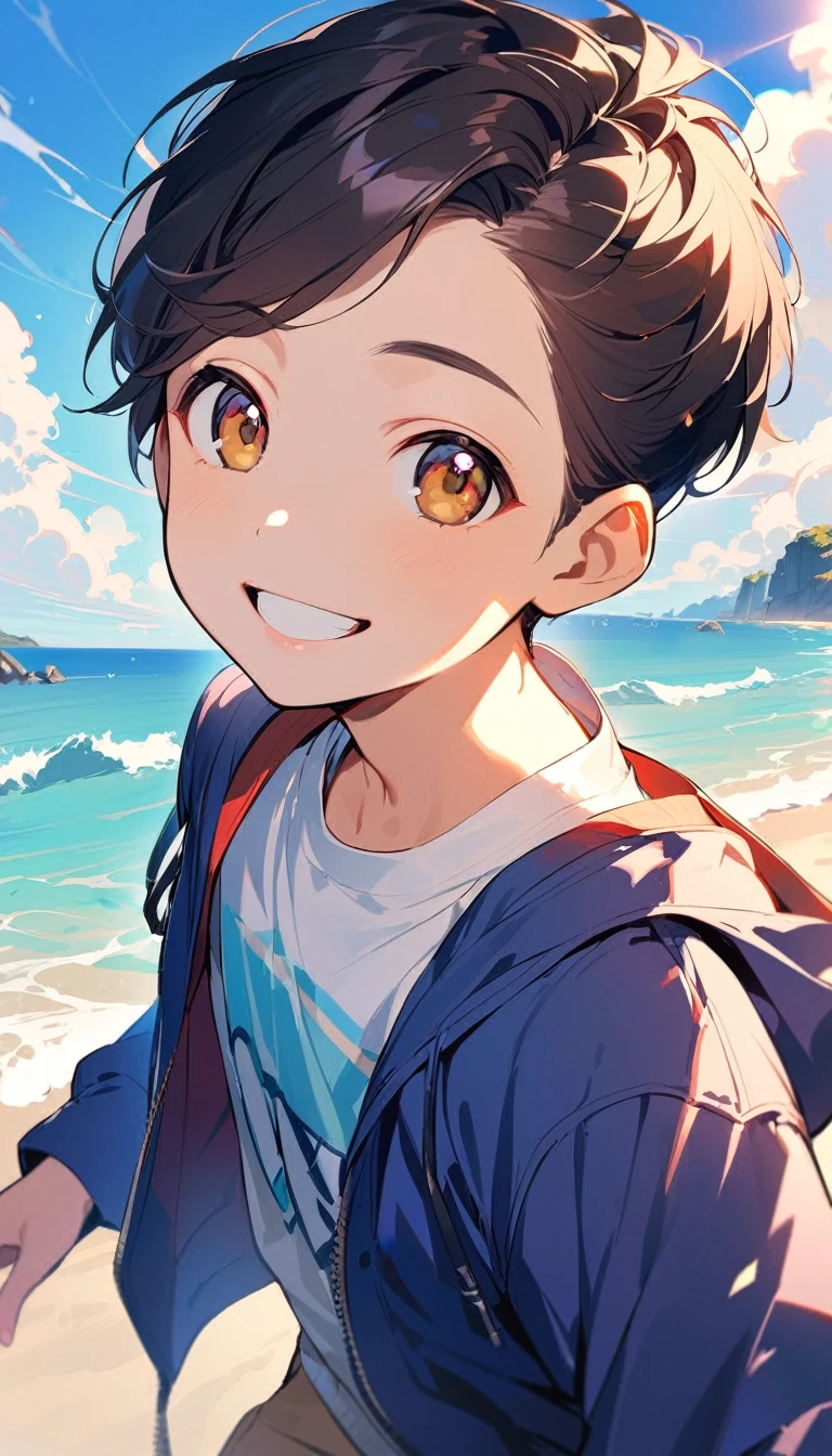 1man, solo, handsome and cute, crew cut, black Hair, brown eyes, 10years old, smile, happy, wear blue jacket, looking at viewer, light lips, cowboy shot, opened mouth, blue sky