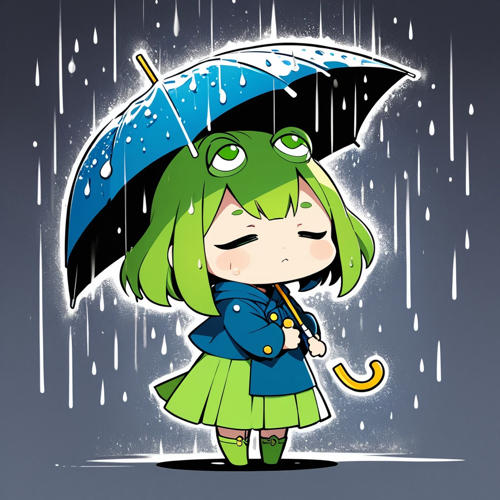 ultra-small deformation, Chibi Cute, 1girl, solo, full body, A Frog Girl with an umbrella, It's raining only inside the umbrella, Confused expression, High contrast and vivid color, simple background