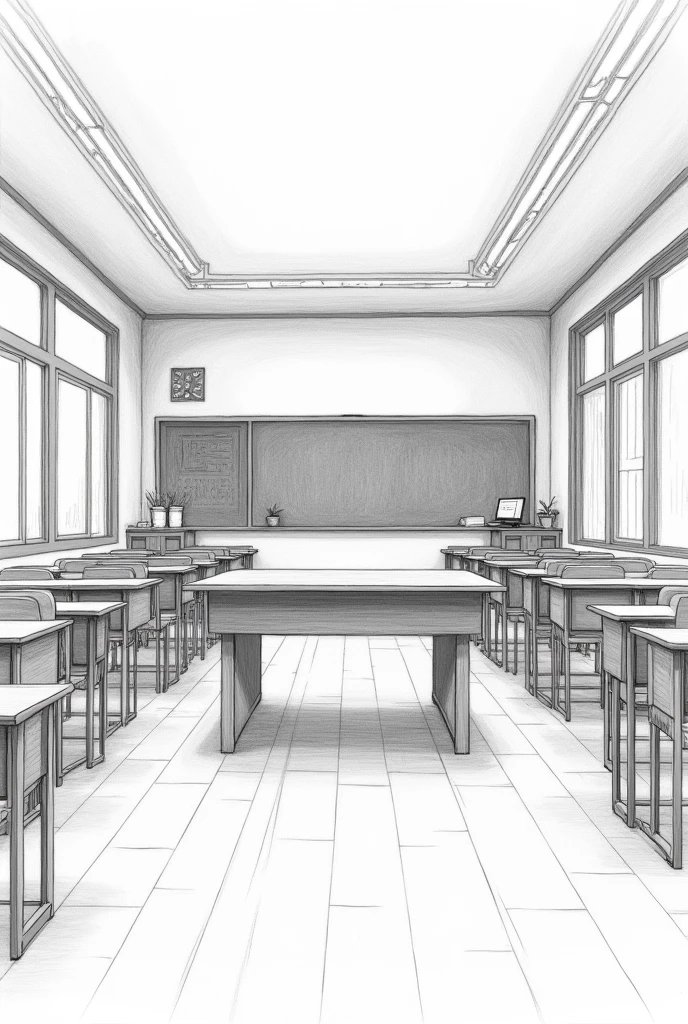 A pencil drawing of a large classroom with a desk in the center and in the background, the student benches on both sides, a blackboard on the wall with large windows, Primary school teaching materials on the walls