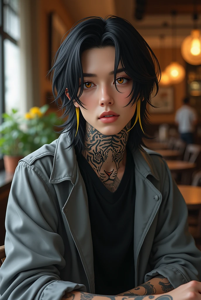 a tall boy of 1.80 long black hair with two yellow strands in front, big amber eyes with a mole on the lower right side of the right eye, He has an abstract tiger tattooed in black tones on the right side of his neck and is wearing a grey jacket and black t-shirt., It's a hyper realistic portrait of him sitting in a cafe