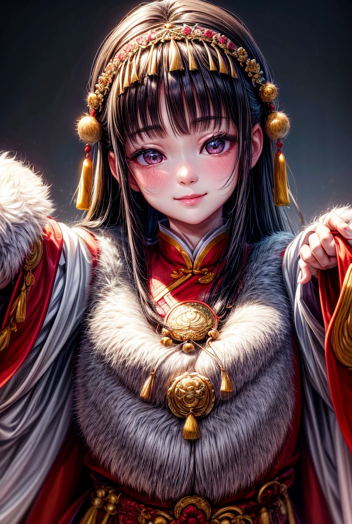 a beautiful young chinese woman, 2, with delicate facial features, baby fat cheeks, white skin, long dark hair, wearing traditional chinese clothing, holding her hands together in a model pose, smiling and showing less teeth, under studio lighting, detailed portrait, high quality, highly detailed, photorealistic, 8k, masterpiece